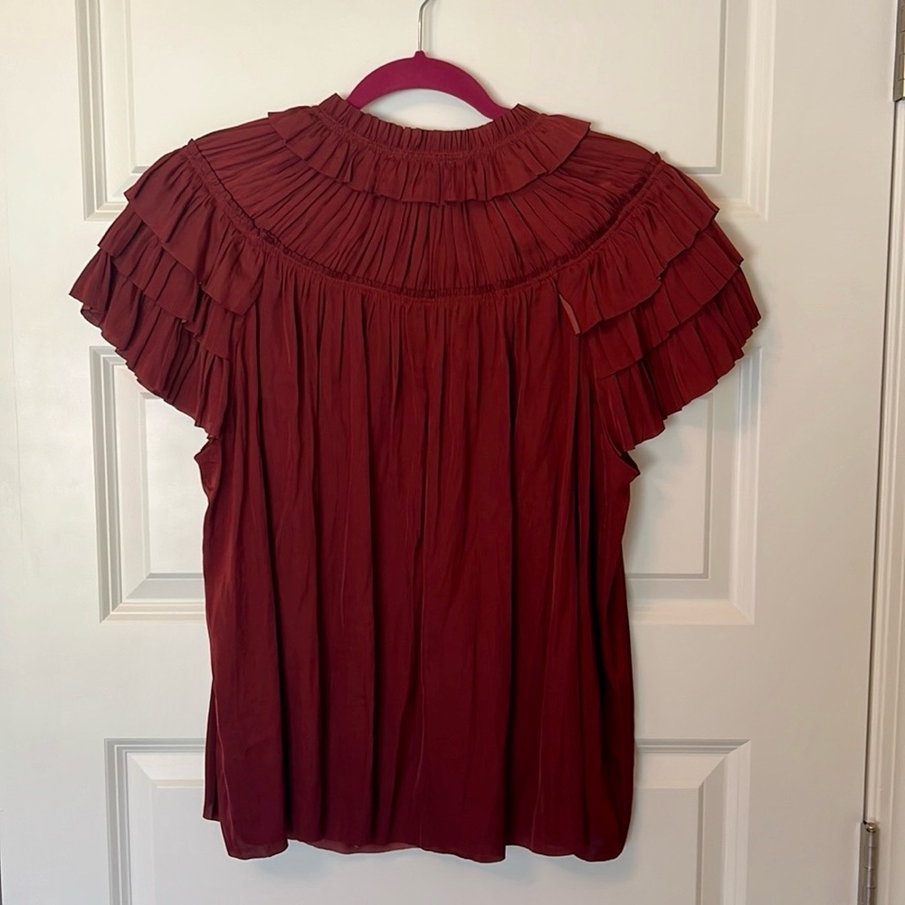 NWT Burgundy Elan Short Sleeve Ruffled Blouse - Picture 3 of 5